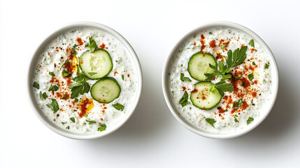 Wall Mural - Set of two white bowls with raita, an indian side dish made with yogurt, cucumbers, and spices, isolated on a white background.