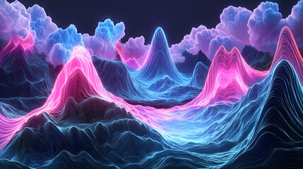 Wall Mural - Mystical mountain landscape with bold pinks and blues, where clouds form fractal patterns, and waterfalls glow with neon light. Mystical Neon Fractals. Illustration