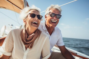 Sticker - Happy couple on a boat for retirement travel laughing vacation glasses.