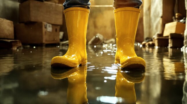 Low-angle view of a person in yellow boots standing in a flooded basement