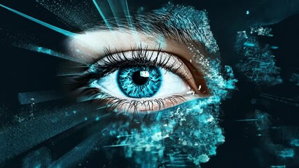 Wall Mural - eye with vibrant blue iris surrounded by abstract patterns and glowing effects for a futuristic aest