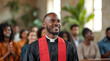 © lina - smiling clergyman in black robe and red stole leading a church congregation