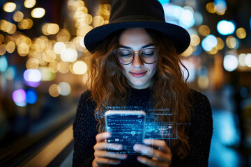 Woman using Smartphone at Night in the City - Modern Lifestyle and Technology