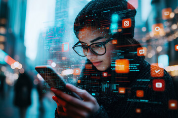 woman using smartphone with futuristic digital interface overlay in city at night