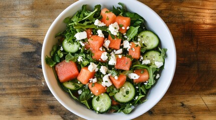 Wall Mural - a bowl of salad with watermelon, cucumber and feta cheese