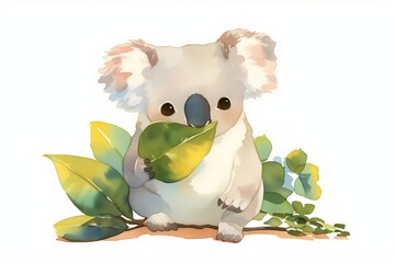 Cartoon koala, watercolor style, holding a leaf, white background 