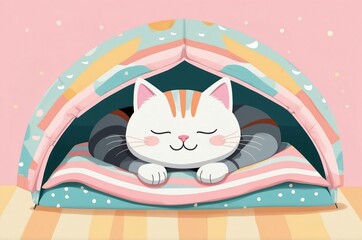 Wall Mural - Minimalist fantasy whimsical domestic cute cartoon cat animal with pastel color background 
illustration texture design.

