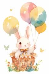 Wall Mural - Cute rabbit is flying in balloon. Watercolor bunny isolated on white