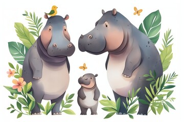 Wall Mural - Hand drawn cute isolated tropical summer watercolor hippo animals. hippopotamus baby and mother cartoon animal illustrations, jungle tree, brazil trendy design. Aloha collection