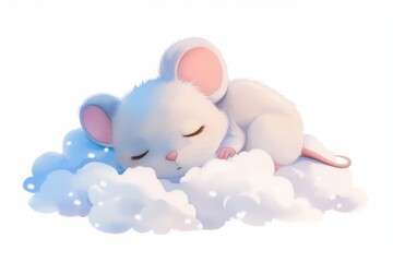 Wall Mural - mouse Sleeping in cloud watercolor cartoon illustration isolated on white background