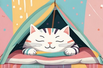 Wall Mural - Minimalist fantasy whimsical domestic cute cartoon cat animal with pastel color background 
illustration texture design.

