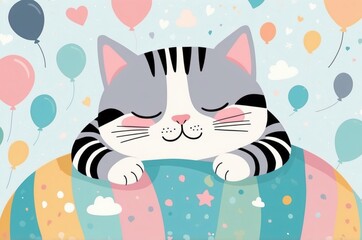 Wall Mural - Minimalist fantasy whimsical domestic cute cartoon cat animal with pastel color background 
illustration texture design.

