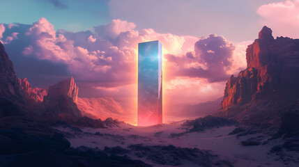 Wall Mural - Mysterious glowing monolith stands alone in a vast desert landscape at twilight, surrounded by majestic mountains. Ancient Glowing Monoliths. Illustration