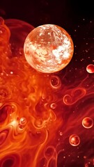 Wall Mural - Abstract depiction of a red-orange cosmic landscape with a glowing planet and fluid formations