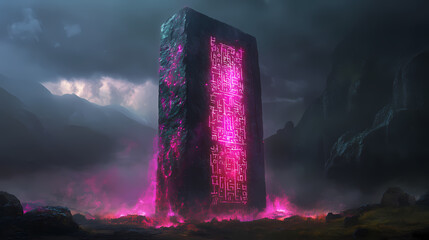 Wall Mural - A mysterious stone monolith covered in glowing runes stands tall. Ancient Glowing Monoliths. Illustration