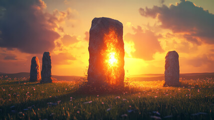 Wall Mural - Ancient stone monolith with sun shining through on grassy field at sunset. Ancient Glowing Monoliths. Illustration