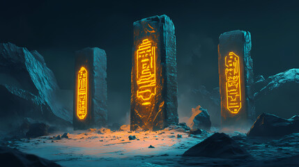 Wall Mural - Ancient stone monument with glowing neon hieroglyphs. Ancient Glowing Monoliths. Illustration