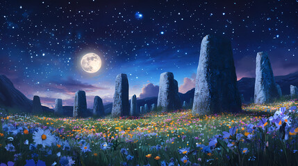 Wall Mural - Enchanting night scene featuring ancient stone monoliths amidst a vibrant field of wildflowers under a full moon and starry sky. Ancient Glowing Monoliths. Illustration