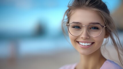 Wall Mural - A cheerful woman wearing glasses and a pink sweater smiles while standing on the beach next to the water, capturing a moment of joy and relaxation.