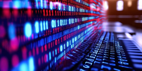 courtroom with digital binary data overlay 