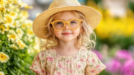 Wall Mural - A cheerful little girl dons a straw hat and bright yellow glasses, exuding a playful vibe and a sense of summer fun in this vibrant image.