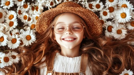 Wall Mural - A young girl with glasses and a straw hat relaxes on a bed of daisies, surrounded by nature's beauty and vibrant floral colors.