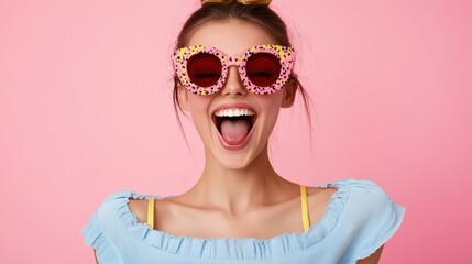 Wall Mural - A woman in a blue dress and pink sunglasses playfully poses, showcasing a humorous expression that captures a lighthearted moment.