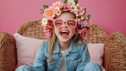 A young girl with an adorned flower crown and stylish pink glasses relaxes comfortably on a couch, radiating a cheerful and playful vibe.