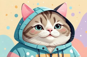 Minimalist fantasy whimsical domestic cute cartoon cat animal with pastel color background 
illustration texture design.