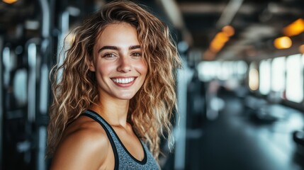 Wall Mural - A cheerful woman stands in a gym, surrounded by various exercise machines, showcasing a positive atmosphere and a commitment to fitness.