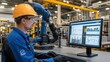 © DSimage - An Arab man wearing a hard hat and safety glasses is focused on his computer, embodying safety and professionalism in a work environment.