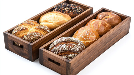 Wall Mural - Set of two wooden boxes filled with different breads isolated on a white background.