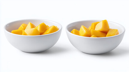 Wall Mural - Set of two white bowls with mango fruit pieces, side and top view, isolated on a white background.