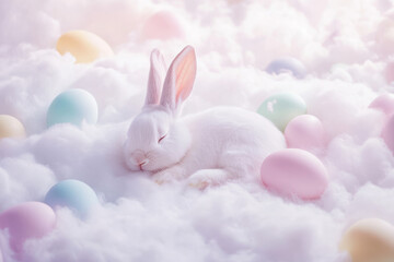 Wall Mural - a serene easter bunny sleeping on a bed of fluffy white clouds, with pastel-colored easter eggs floa