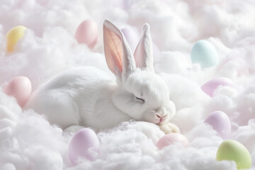 Wall Mural - a serene easter bunny sleeping on a bed of fluffy white clouds, with pastel-colored easter eggs floa