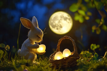 Wall Mural - A peaceful night scene featuring an Easter Bunny placing softly glowing Easter eggs into a tiny woven basket, lit by the full moon.