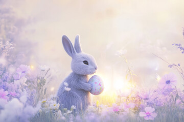Wall Mural - a serene easter bunny standing in a misty meadow, holding a glowing egg and surrounded by soft, past