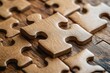 © Diffin - A detailed close-up of a single puzzle piece resting on a rustic wooden table, showcasing its unique shape and texture against the natural backdrop.