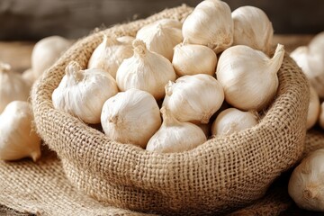 A rustic bowl filled with fresh garlic rests on textured burlap fabric atop a wooden table, highlighting natural beauty and culinary essentials.