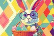 © Volodymyr - A retro-style Easter Bunny with large round glasses, holding a basket of eggs and surrounded by bold, geometric patterns.