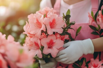 Wall Mural - A woman gracefully holds a vibrant bouquet of flowers, showcasing her joyful expression and the beauty of nature in her hands.