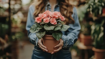 Canvas Print - A woman in a hijab gently holds a potted plant, surrounded by lush greenery inside a bright and vibrant greenhouse.