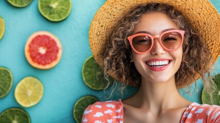 Wall Mural - A cheerful woman wearing a straw hat and sunglasses joyfully poses with fresh grapefruits, embodying a vibrant summer spirit.