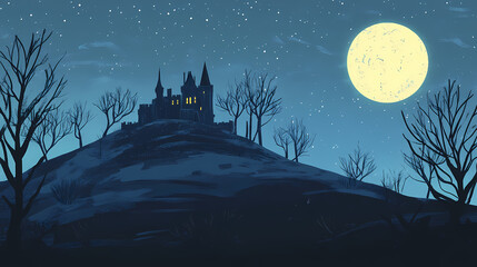 Wall Mural - Mysterious castle on a hill: enchanted night scene with full moon and bare trees. Dark Fantasy Moonlit Castle. Illustration