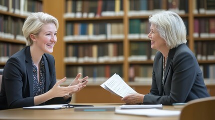 Fototapete - Two social workers discuss strategies for community support in a well-organized library. They are seated at a table, exchanging ideas while surrounded by bookshelves