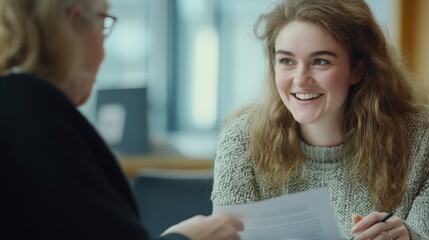 Fototapete - A social worker is smiling while discussing important documents with a client. The setting is bright and modern, indicating a collaborative atmosphere