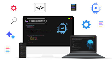 Programming and Coding with the Help of Artificial Intelligence concept on different devices, software development infographics. Modern Ai coding assistant illustration concept design