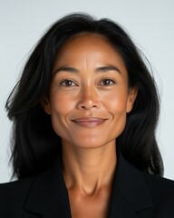 Wall Mural - A joyful Pacific Islander woman poses confidently against a white background, showcasing her radiant smile and personality