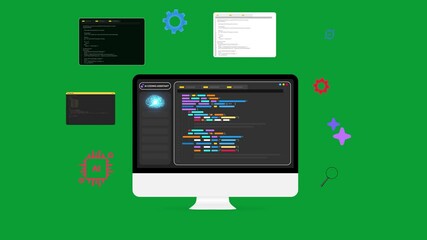Programming and coding appear on the computer screen with a green backdrop, 4k animation for keying. Ai coding, assistant, help, brain