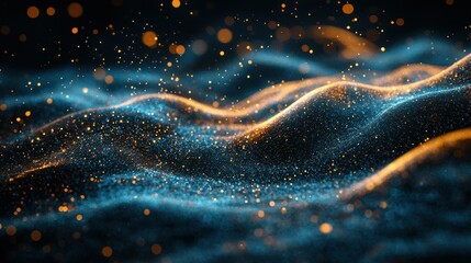 Wall Mural - Abstract digital particles flowing in waves, dark background with golden highlights.  Possible use technology, science, futuristic design